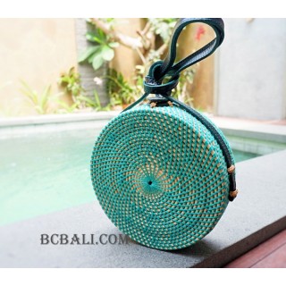 circle rattan bags long handle leather turquoise